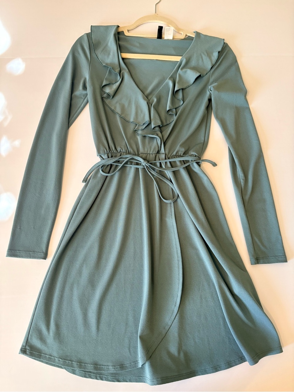 Kacey Montoya’s Closet | H&M Sage Green Long Sleeve Ruffle Faux Wrap Dress